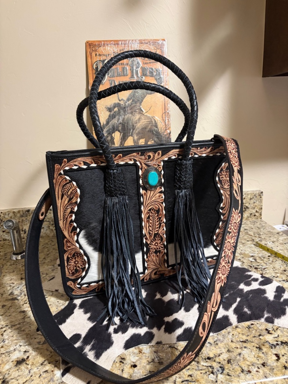 Western Tassel Cowhide Tote Bag with Turquoise Accent